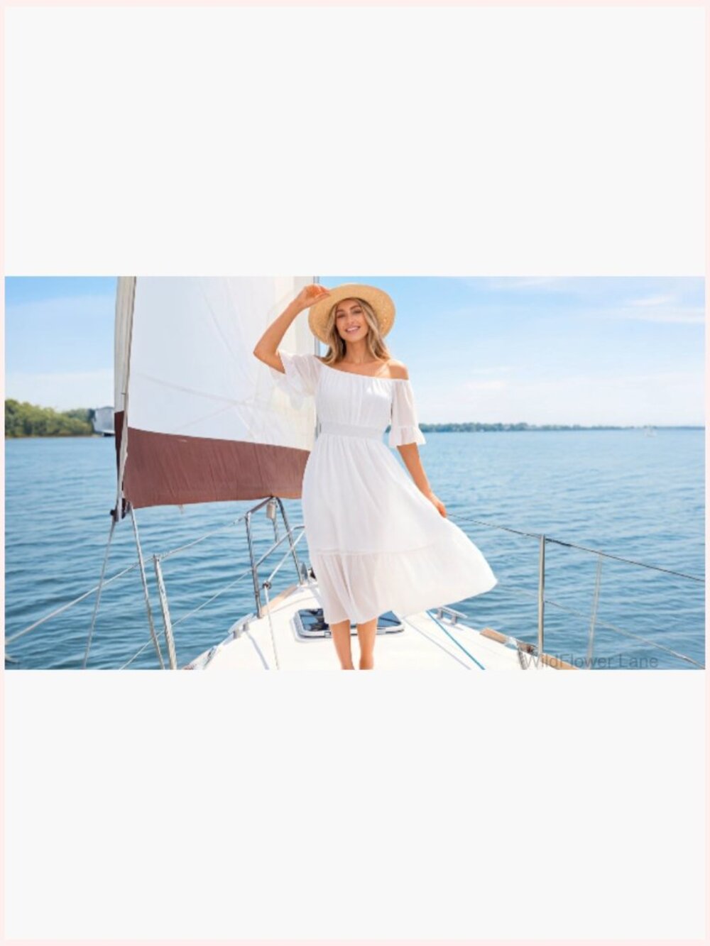 Off Shoulder Midi Dress Ruffle Sleeve Smocked Elastic Waist Flowy Boho - Picture 7 of 7